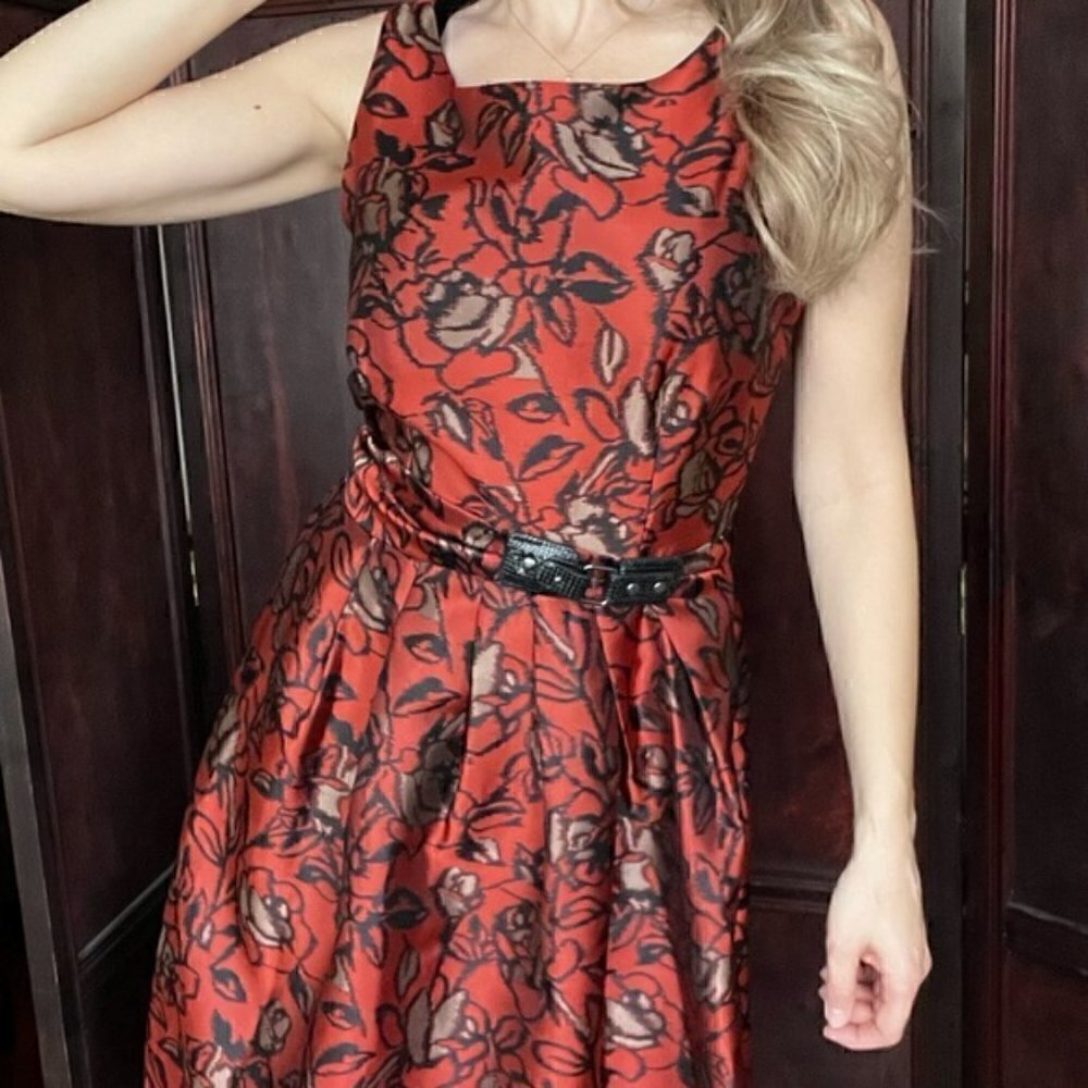 Anthropologie Eva Franco Red jacquard brocade floral dress Size 4